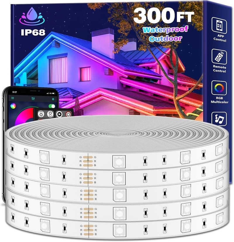 FBZ Outdoor LED Strip Lights Waterproof,Music Sync RGB IP68 Outside Led Light Strips Waterproofs with App and Remote,Exterior Led Rope Lights Waterproof for Deck,Balcony,Roof,Garden,Pool (300FT) - Image 1